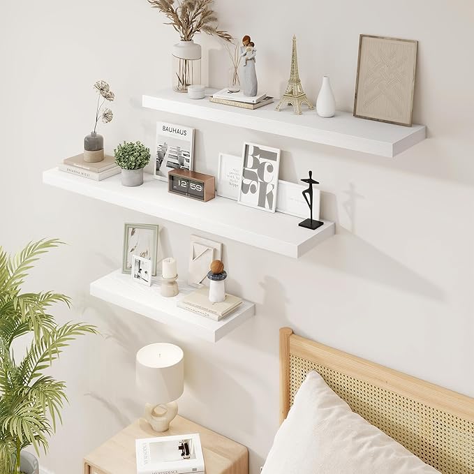 16 Inch Floating Shelves, 9.3" Deep Floating Shelf Wall Mounted, 16" Wall Shelves, Rustic Deep Bookshelf, Large Display Shelves & Storage Shelves for Bedroom, Living Room, White, Set of 2