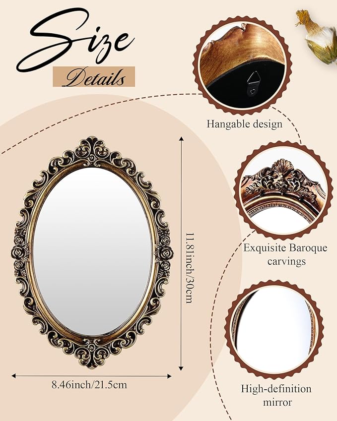 3 Styles Vintage Gold Mirror Set Wall Decorative, Vintage Wall Mirror Antique Hanging and Tabletop with Stand for Living Room Bedroom Dresser, Classic Home Wedding Decor(Retro Style)