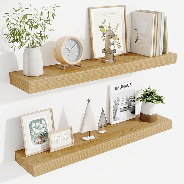 Fun Memories Bathroom Shelves 32 Inch Long Set of 2, Floating Shelves for Wall with Invisible Brackets, for Bedroom, Living Room, Kitchen, Oak