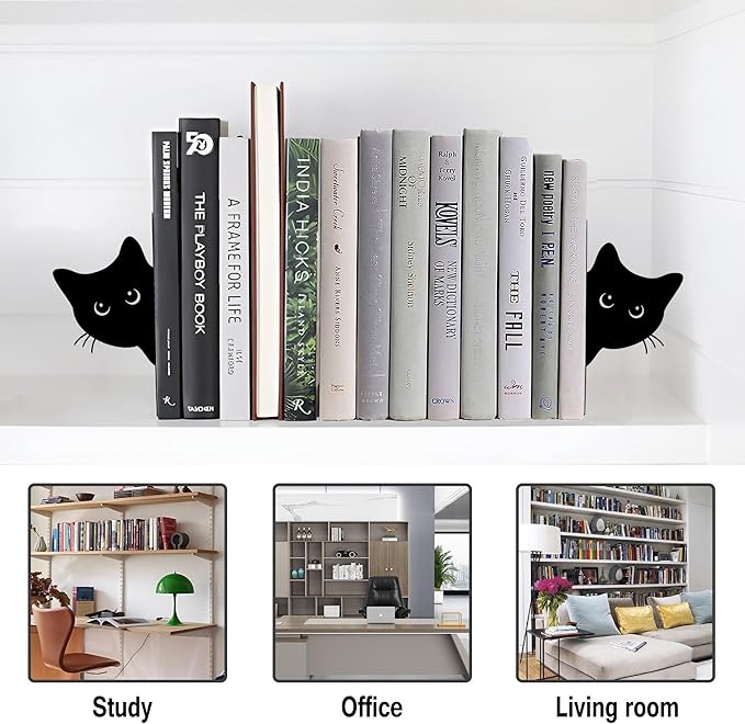 Bookends Metal Cat Book Ends, 1 Pairs Cute Bookends for Shelves Decorative for Home Office Desk Bookshelf Decor (Black, Full-face)