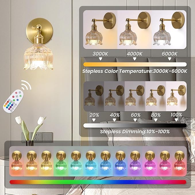 Vintage Battery Operated Wall Sconces - 5000mAh Rechargeable Dimmable Lights with Remote Control - Set of 2 Cognac Flower Glass Cordless Mounted Lighting - Wireless Powered Light Sconce for Bedroom