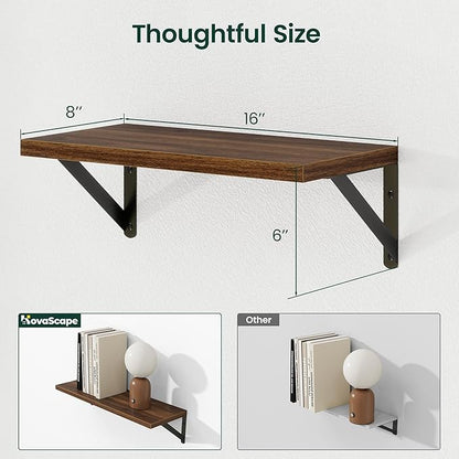 Floating Shelves, 8 Inch Deep Rustic Wood Wall Storage, 16W x 8D Wall Shelves Set of 2, Heavy Duty Metal Brackets, Industrial Book Shelf for Living Room, Kitchen, Bathroom, Bedroom, Walnut