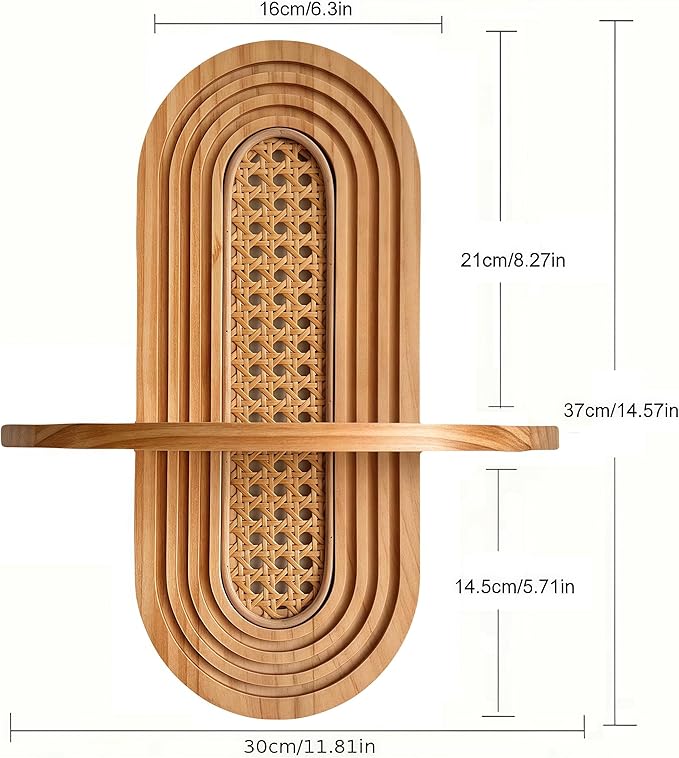 1pc Mid-Century Modern Wall Shelf - Arched Wood & Woven PE Rattan Boho Decorative Floating Shelf, Vintage Aesthetic Decor for Living Room, Bedroom, Kitchen & Home Office (Natural)