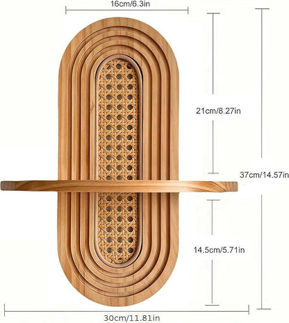 1pc Mid-Century Modern Wall Shelf - Arched Wood & Woven PE Rattan Boho Decorative Floating Shelf, Vintage Aesthetic Decor for Living Room, Bedroom, Kitchen & Home Office (Natural)