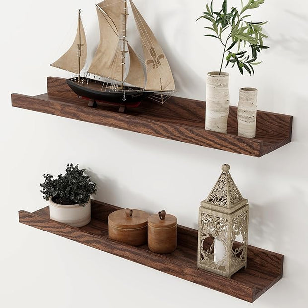 Axeman Oak Picture Ledge Shelf, 24 Inch Floating Shelves Set of 2, Solid Oak Wood Wall Shelves with Lip, Wall Decor Storage for Bedroom Living Room Bathroom Kitchen Nursery Photo Picture, Walnut
