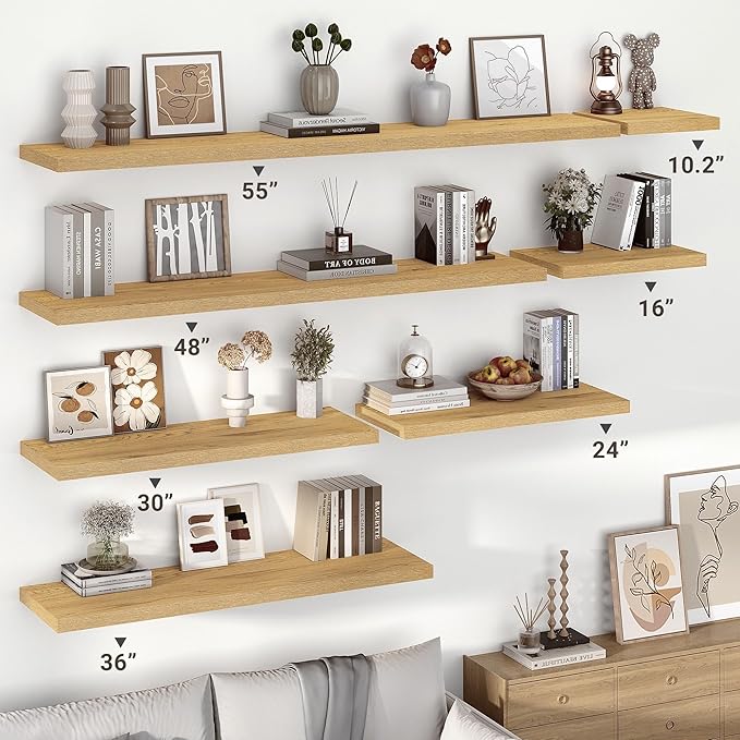 Vivelove 10" Deep Floating Shelves Over Toilet, 16" Wall Shelves for Bathroom Bedroom Kitchen Living Room Laundry Room, Modern Rustic Shelves for Home Decor, 16"x10.2"x1.5", Set of 2, Oak