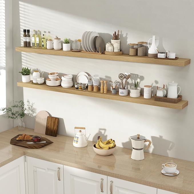 72 Inch Floating Shelves for Wall 2 Pack, 72" Wall Shelves for Books, Storage, Decor, Wall Mounted Floating Shelf with Invisible Brackets for Kitchen, Living Room, Oak
