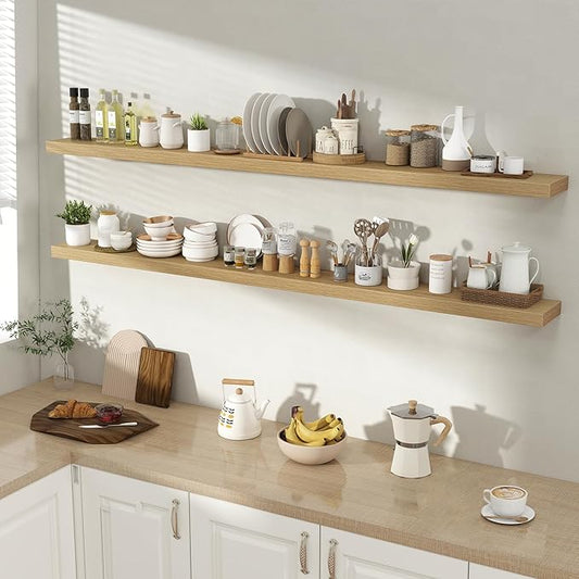 72 Inch Floating Shelves for Wall 2 Pack, 72" Wall Shelves for Books, Storage, Decor, Wall Mounted Floating Shelf with Invisible Brackets for Kitchen, Living Room, Oak
