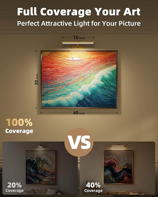 EZVALO Picture Light for Wall, 4800mAh Rechargeable Wireless Lights, 16'' Dimmable with IR Remote Magnetic LED Art Painting Light with 3 Color Temps, Display for Gallery, Living Room, Bedroom(Gold)