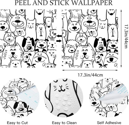 Peel and Stick Wallpaper Contact Paper Black and White Wallpaper Modern Dog Animal Wall Paper Textured Self Adhesive Removable Wallpaper for Nursery Kids Room Shelf Liner Vinyl Roll 197"x17.3"