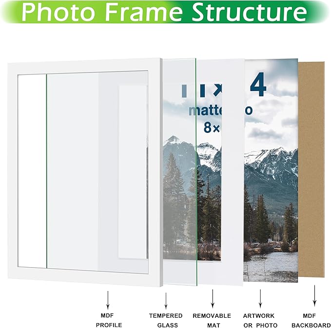 FrameWorks 8x10 mat to 5x7 Classic Wooden Picture Frames Tempered Glass/White / 6-Pack