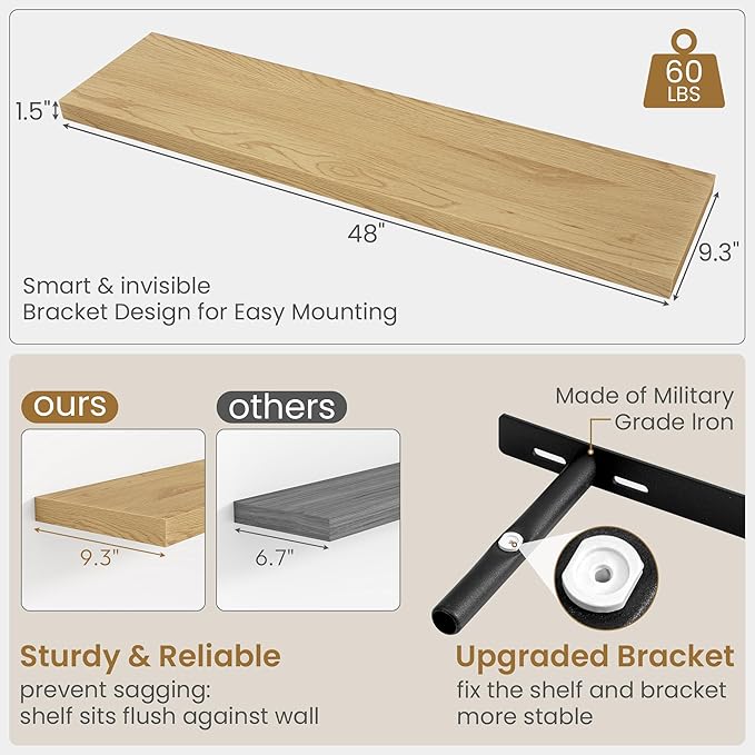 Fun Memories 48 Inch Floating Shelves, 9.3 Inch Deep Wall Shelves for Bathroom, Living Room, Bedroom, Kitchen, Deep Long Shelf Wall Mounted 2 Pack Shelf for Books, Decor, Oak