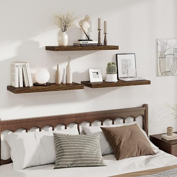 Fun Memories 12 Deep Floating Shelves for Wall | 30W x 12D Large Floating Shelves | 3 Pack Storage Space Wall Mount Shelf for Living Room Bathroom Toilet Laundry Room Kitchen Home Office - Brown