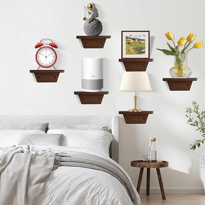 PHOENANCEE Small Floating Shelves,Trapezoid Wall Shelf for Speaker Table Lamp Plants Display,Decorative Wood Ledges Chic for Living Room,Bedroom,Kitchen,Office,Pine,8x6 Inch,2 Pack(Walnut)