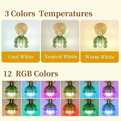 Vintage Battery Wall Sconce with Flower lampshade,Rechargeable Battery Powered Wall Lights,Wall lamp with 15 Colors for Bedroom Living Room Home Decor (Flower Green, 1 Light Battery Operated)