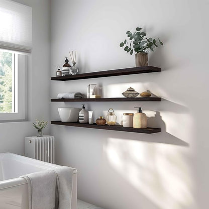 PHPH 48 Inch Wood Floating Shelves for Wall, Wooden Wall Shelves for Bedroom, Set of 4 Brown