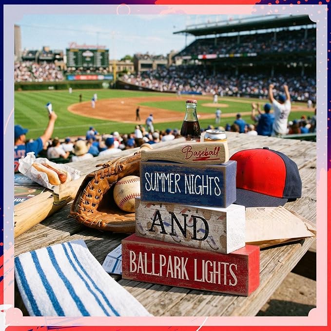 4 Pcs Baseball Decorations Stacked Wooden Blocks Signs with Bat Topper, Summer Nights Ballpark Lights Decor - Baseball Table Decor Ideal Gift for Fans Boys Room Party Coffee Shelf