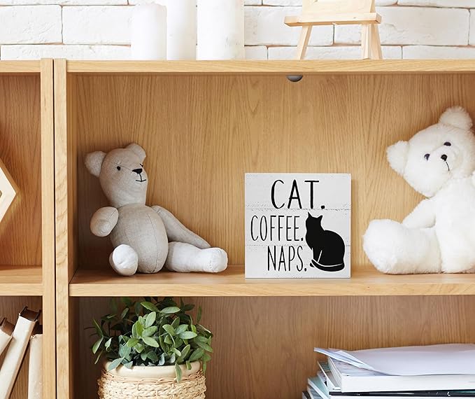 Cat & Coffee Nap Desk Sign, Rustic Wooden Block Decor for Home, Kitchen, Office - Funny Black Cat Theme