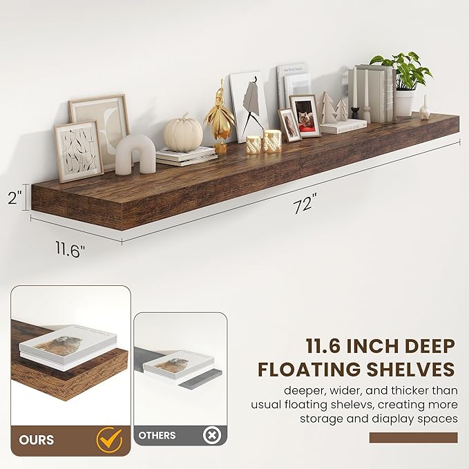 72 Inch Floating Shelves | 12 Inch Deep Floating Shelves Set of 2 | 72