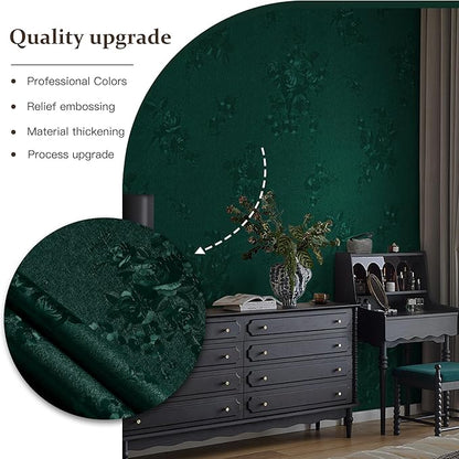 Dimoon 17.7''x393.7''Green Peel and Stick Wallpaper Gothic Floral Wall Paper Contact Paper Closeout Renter Friendly Modern Self Adhesive(393.7''x17.7'', Blackish Green Floral Textured)