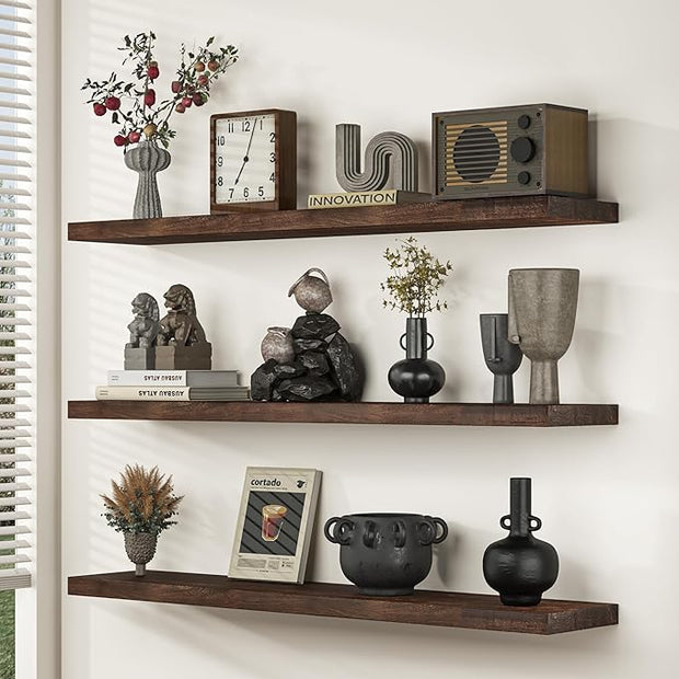 Fun Memories Floating Shelves for Wall, 48"x9.3" Rustic Solid Elm Wood Wall Shelves, Heavy-Duty Mounted Shelves with Invisible Brackets for Living Room, Bedroom, Kitchen, Walnut Finish