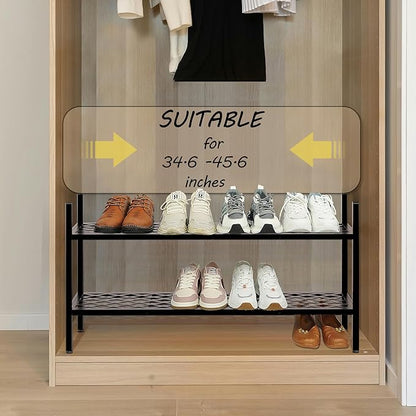 Shoe Rack, Expandable Shoes Organizer Metal Shelf Stand, 2 Tier Stackable Long Shoe Storage Holder For Closet, Floor, Entryway, Garage, Bedroom, Door Entrance For 12-18 Pairs, 45.6 inches Black