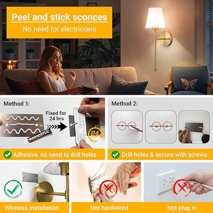 Peel and Stick Wall Sconces, Stick On Wall Sconce Set of 2, Battery Operated Wireless Wall Light, No Drill Adhesive Wall Lamp, Corn Bulb with 10000mAh Rechargeable Battery, Bedroom Wall Decor