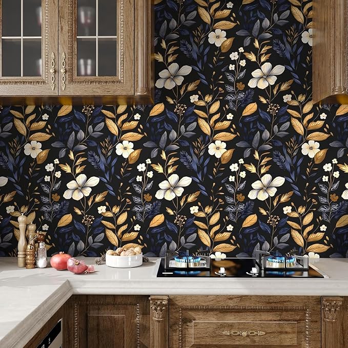 Vintage Dark Floral Wallpaper Peel and Stick Blue/Gold Leaf Wallpaper Waterproof Self Adhesive Removable Boho Wall Paper Modern for Bedroom Walls Drawer Cabinet 17.5in x 197in