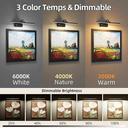 11.8" Picture Lights for Wall Battery Operated, Wireless Picture Light Rechargeable with Remote Timer, 3000K/4000K/6000K Dimmable Art Lights for Paintings Picture Frames Gallery Dartboard, Black