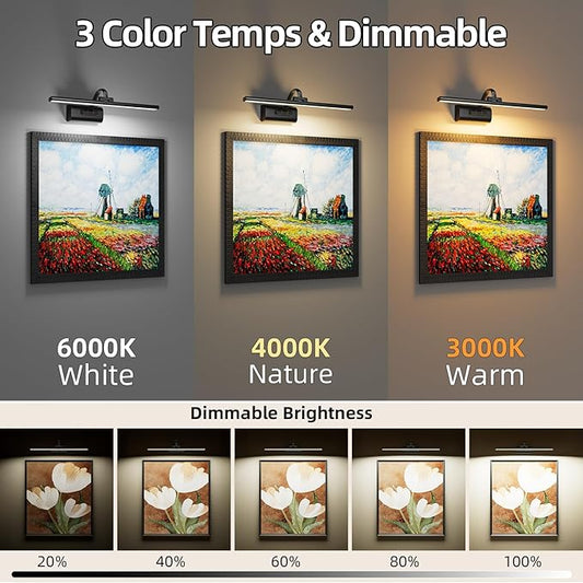 11.8" Picture Lights for Wall Battery Operated, Wireless Picture Light Rechargeable with Remote Timer, 3000K/4000K/6000K Dimmable Art Lights for Paintings Picture Frames Gallery Dartboard, Black
