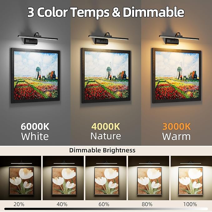 Picture Lights for Wall, 8000mAh Rechargeable Battery Operated Picture Light with Remote, 23.6" Dimmable 3 Colors Wireless Art Lighting for Paintings Picture Frame Gallery Dartboard, Black