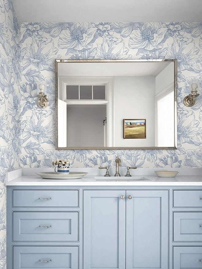 Ismoon Vintage Floral Wallpaper Peel and Stick Beige and Blue Contact Paper 17.3inx6.5ft Removable Self Adhesive Wall Paper for Bathroom Bedroom Cabinet Mural Wall Decor Vinyl Renter Friendly