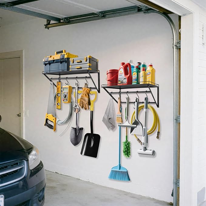 RedCall 2 Pack Garage Wall Shelf with 10 Hooks,23.5