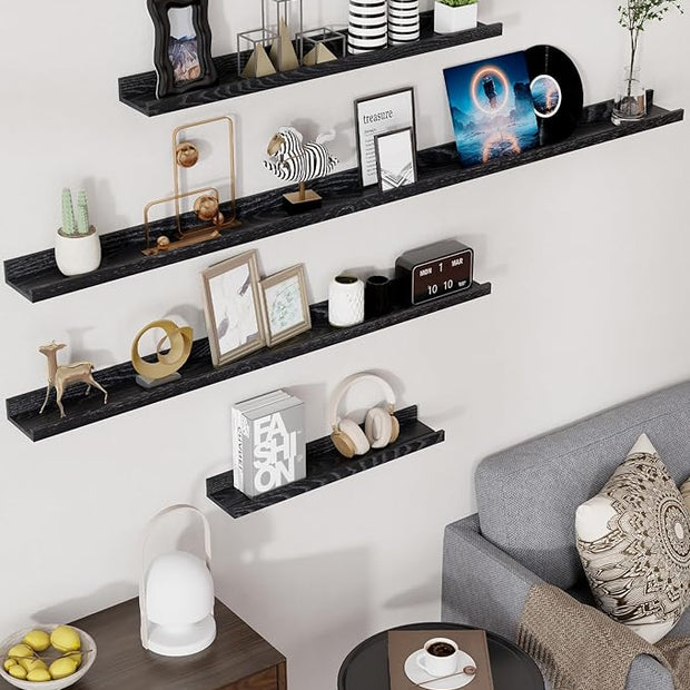 Axeman Oak Picture Ledge Shelf, 24 Inch Floating Shelves Set of 2, Solid Oak Wood Wall Shelves with Lip, Wall Decor Storage for Bedroom Living Room Bathroom Kitchen Nursery Photo Picture, Black