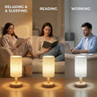 Touch Bedside Table Lamp-3 Color Temperatures & Stepless Dimming with USB Plug,Natural Round Wood Base&Linen Fabric Shade|Minimalist Boho Nightstand Lamp for Bedroom,Nursery,Kitchen,Dorm,Small Spaces