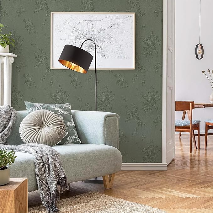 Green Flower Wallpaper Stick and Peel 17.7inch x 78.7inch Embossed Floral Stick Peel Contact Paper Solid Pure Waterproof Green Self Adhesive Wallpaper Flower Removable Shelf Vinyl Roll