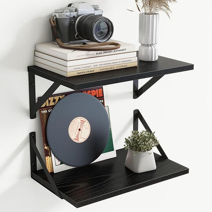 8" Deep Floating Shelves for Wall,16 inch Wood Wall Shelves Set of 2,Wide Floating Bookshelf with Sturdy Metal Brackets,Hanging Storage Floating Shelf for Living Room,Bedroom,Bathroom,Office,Black