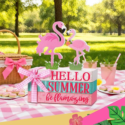 Geelin 4 Pcs Flamingo Wooden Book Stack Decor, Summer Faux Books for Home Table Centerpiece, Hello Summer Flamingos Tiered Tray Decorations Rustic Farmhouse Pink Flamingo Decor for Living Room Kitchen