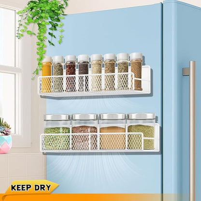 Magnetic Spice Rack for Refrigerator, 2 Pack Magnetic Shelf for Fridge with 4 Hooks, Black Magnetic Shelves, Organization and Storage Kitchen, Magnet Shelf for Fridge, Cabinet Organization