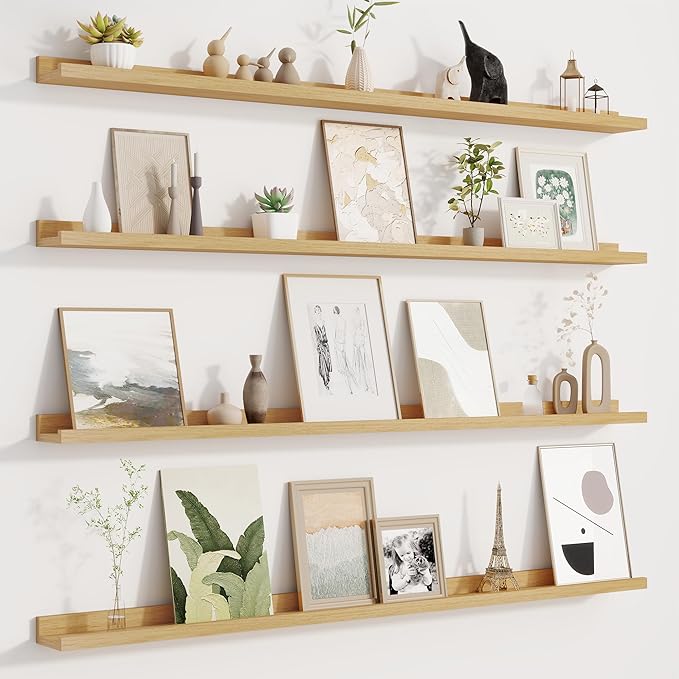 Fun Memories Picture Ledge Shelf for Wall, Floating Shelves Set of 4, 48 Inch Long Nursery Book Shelves for Toys Storage, Kids Bookshelf Wall Mounted for Books Photo Frames, Oak