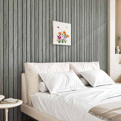 Grey Wood Wall Slat Panels Peel and Stick 3D Textured Fluted Wood Panels for Interior Wall Decor Self Adhesive Acoustic Wooden Paneling Sticker for Bedroom Studio TV Backgroud 23.6" x 120"