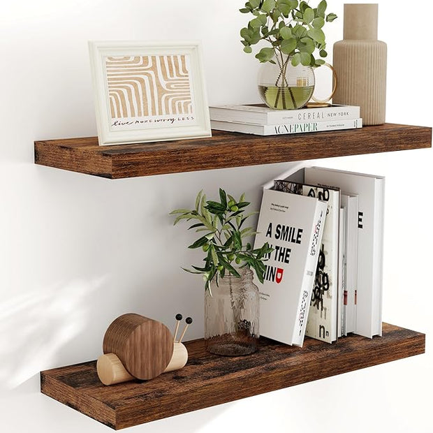 Fun Memories 32" W x 9.3" D Floating Shelves, Rustic Wood Deep Shelves for Bedroom, Kitchen, Living Room, Long Floating Shelf for Wall, Storage Display Wall Shelf for Books Decor, Rustic Brown