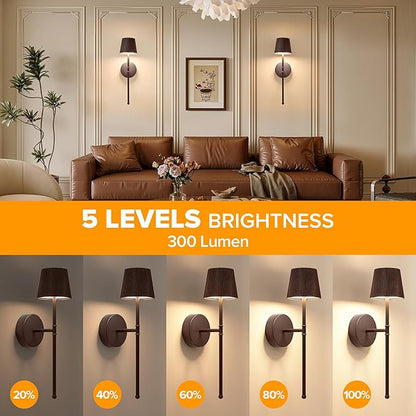LUTEC Cordless Wall Sconces Set of 2, 5200mAh Wireless Rechargeable Battery Operated LED Wall Lamps, 3 Color Stepless Dimming Portables Lightings for Wall Painting/Living Room/Bedroom/Hallway Decor
