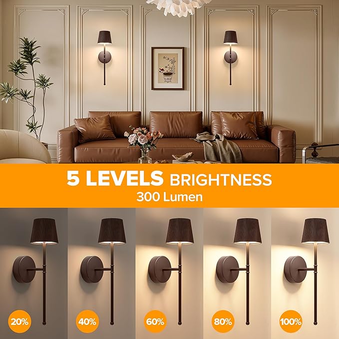 LUTEC Cordless Wall Sconces Set of 2, 5200mAh Wireless Rechargeable Battery Operated LED Wall Lamps, 3 Color Stepless Dimming Portables Lightings for Wall Painting/Living Room/Bedroom/Hallway Decor