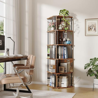 Industrial Corner Shelf with LED Lights & Mirror-Effect Panels, 6-Tier Modern Corner Bookshelf with Remote Control Color-Changing Lights, Space-Saving Display Unit for Bedroom & Living Room