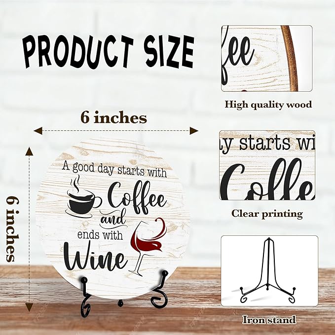 Coffee And Wine Desk Decor Sign, Rustic Funny Wooden Box Plaque, A Good Day Starts With Coffee And Ends With Wine Wood Sign, Decor For Home Kitchen Table Top, Wooden Round With Stand-22