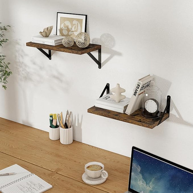 Floating Shelves, 8 Inch Deep Rustic Wood Wall Storage, 16W x 8D Wall Shelves Set of 2, Heavy Duty Metal Brackets, Industrial Book Shelf for Living Room, Kitchen, Bathroom, Bedroom, Brown