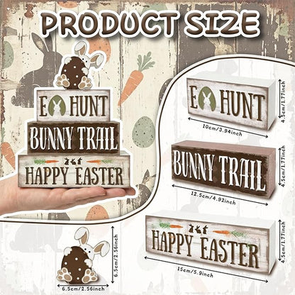 Easter Decorations, 4 Pcs Wooden Easter Table Decorations, Rustic Bunny Tiered Tray Decor, Wooden Table Sign for Desk Shelf Mantel Coffee Bar, Indoor Home Decor