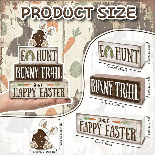 Easter Decorations, 4 Pcs Wooden Easter Table Decorations, Rustic Bunny Tiered Tray Decor, Wooden Table Sign for Desk Shelf Mantel Coffee Bar, Indoor Home Decor