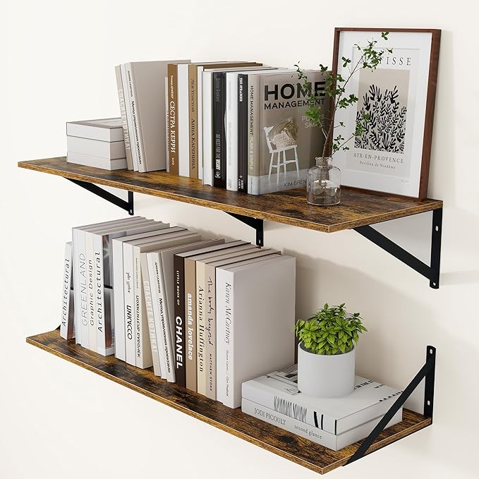 Heimlove Deep Floating Shelves for Wall, 36W x 12D Wood Wall Shelves Set of 2, Wide Floating Bookshelf for Living Room, Kitchen, Office, Bedroom and Decor Storage, with Metal Bracket - Rustic Brown
